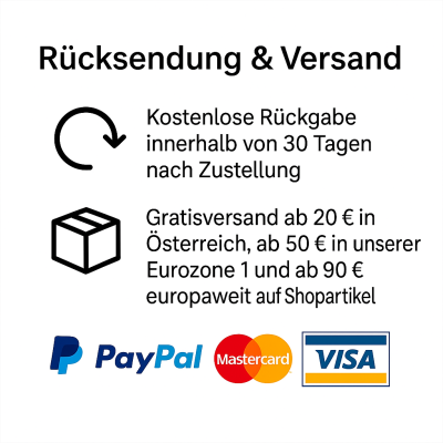 Akzeptierte Zahlungsmethoden: PayPal, Mastercard und Visa auf weißem Hintergrund